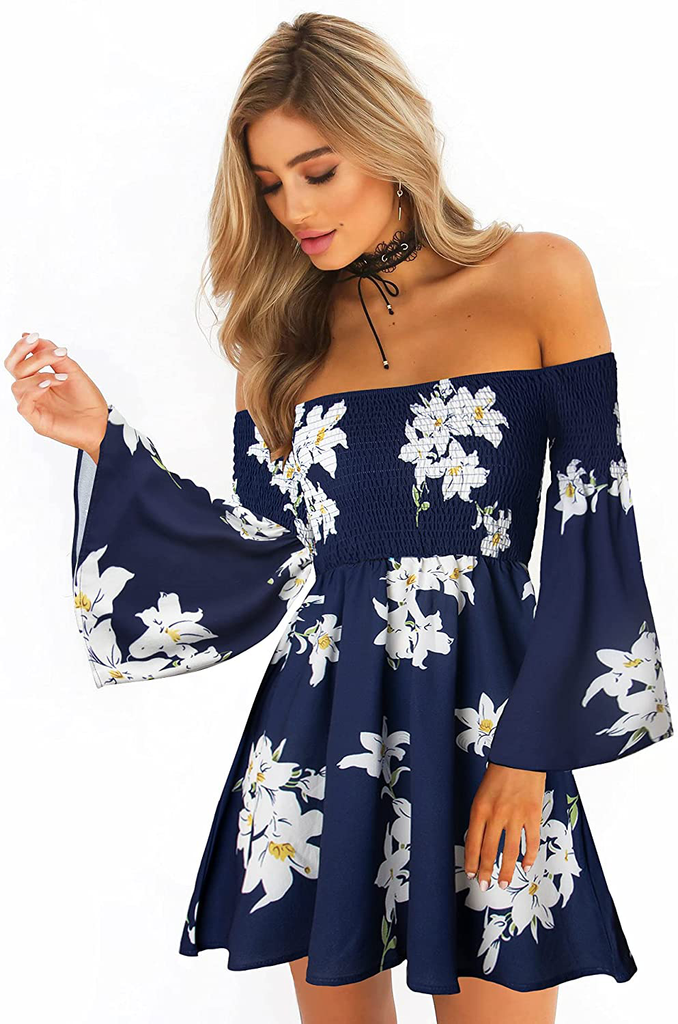 ONEYIM Women's Dress Summer Floral Long Sleeve Off Shoulder Casual Mini Dresses