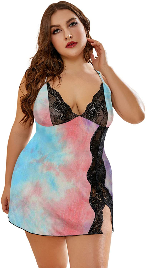 BLMFAION Sexy Plus Size Lace Mini Nightgown Satin Lingerie Dress Sets 1X-5X