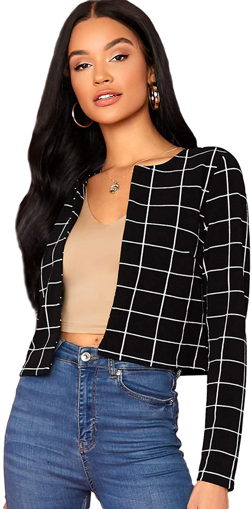 MakeMeChic Women's Casual Grid Print Long Sleeve Open Front Blazer Crop Top