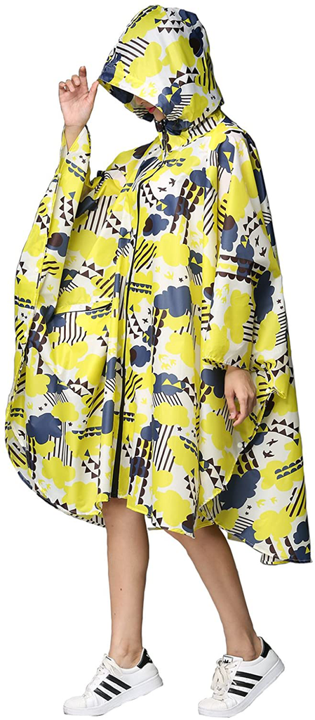 Womens Rain Poncho Stylish Polyester Waterproof Raincoat Free Size with Hood Zipper Styles
