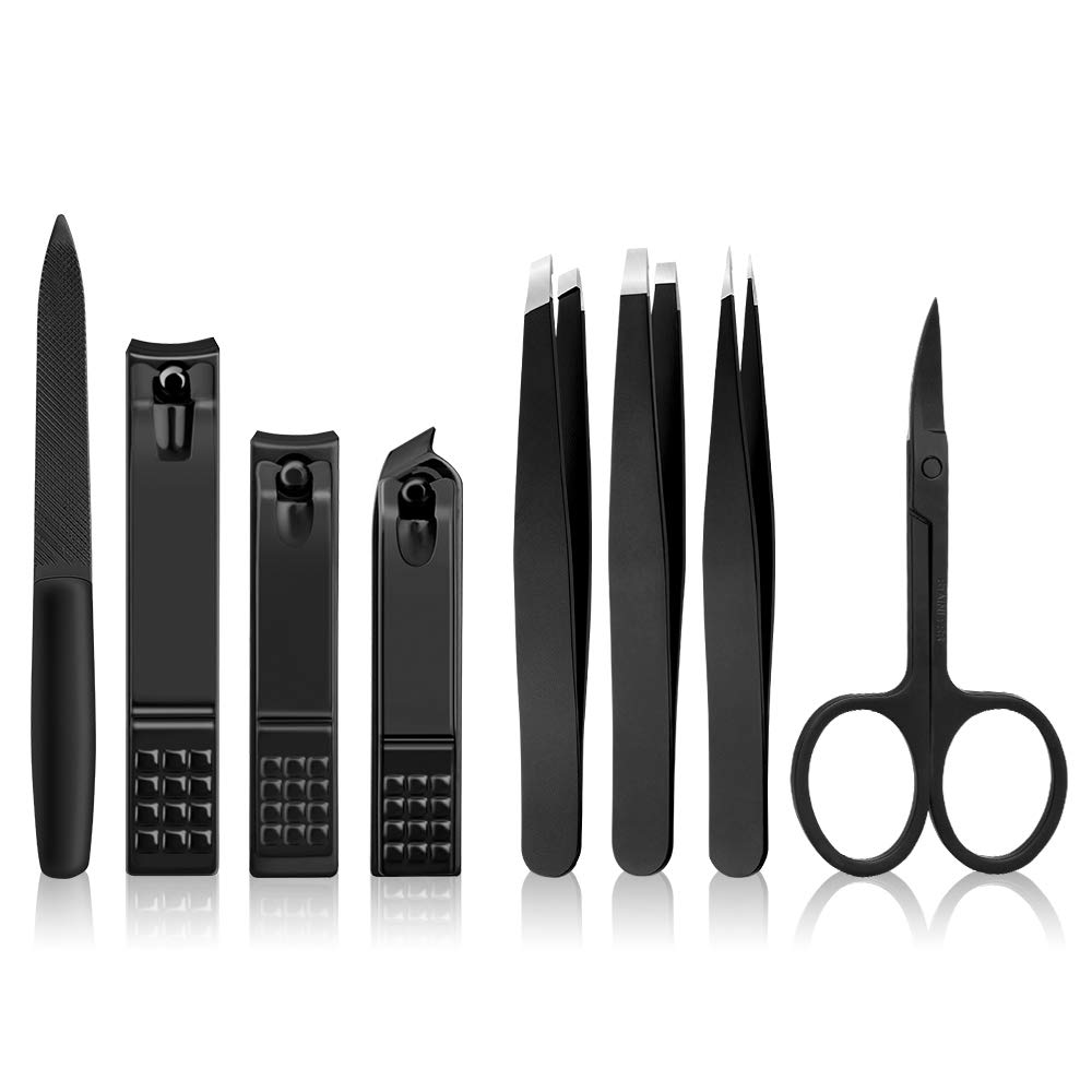 8Pcs Nail Clippers Set with Precision Tweezers,Fingernail and Toenail Clippers for Thick Nail,Professional Stainless Steel Best Precision Tweezers for Eyebrows Eyelashes Extensions (Black-8Pcs)