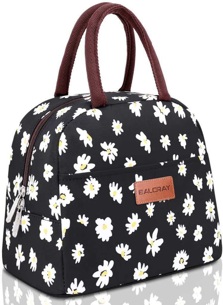BALORAY Lunch Bag Tote Bag Lunch Bag for Women Lunch Box Insulated Lunch Container (Black with Daisy)