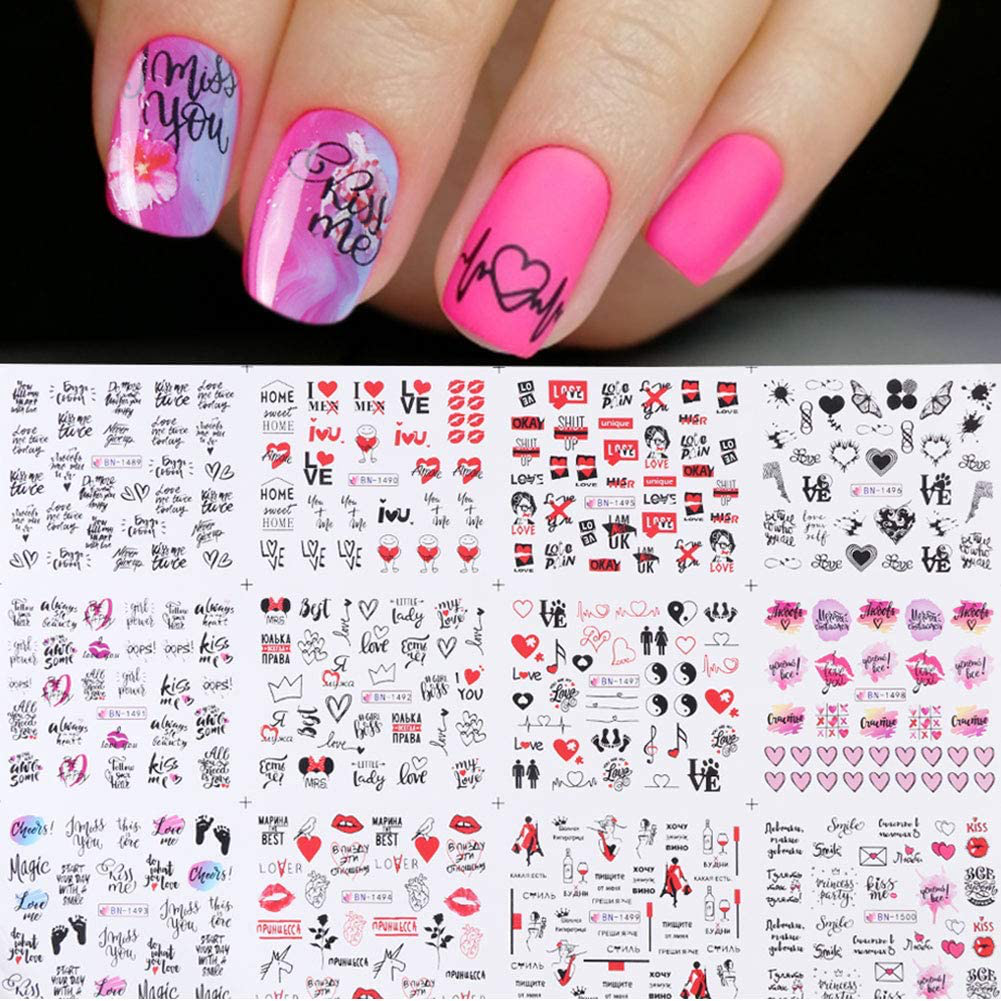 Graffiti Fun Nail Art Stickers Decals Lips Heart Nail Art Supplies Nail Accessories Decorations Nail Sticker for Acrylic Nails Love Heart Letters Design Nail Art Water Transfer Manicure Tips 12Pcs