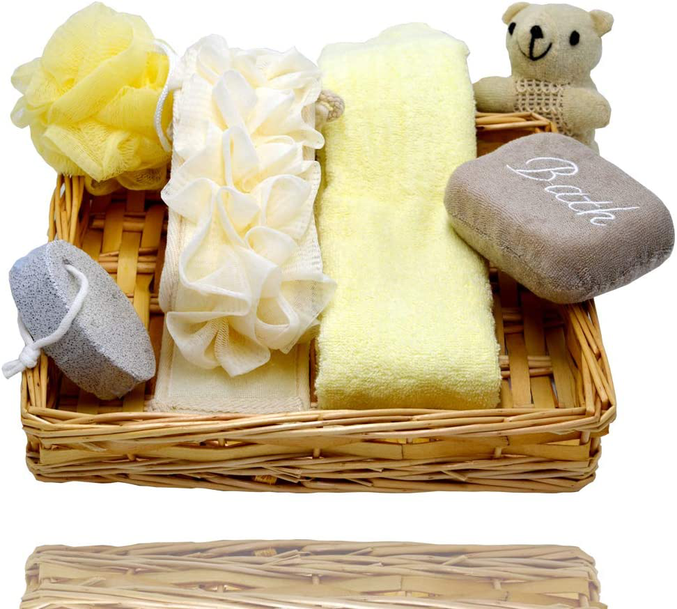 Spa Shower Gift Basket - Luxury Bath & Body Set for Women/Men - Brush, Scrub, Exfoliate, Wash - Contains Microfiber Towel, Back Scrubber, Pumice Stone and Body Sponge & Handmade Weaved Basket