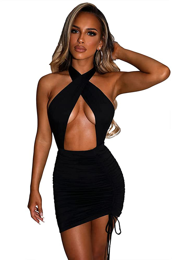 XLLAIS Women Sexy Club Dress Halter Criss Cross Ruched Sleeveless Mini Bodycon Dresses Beachwear