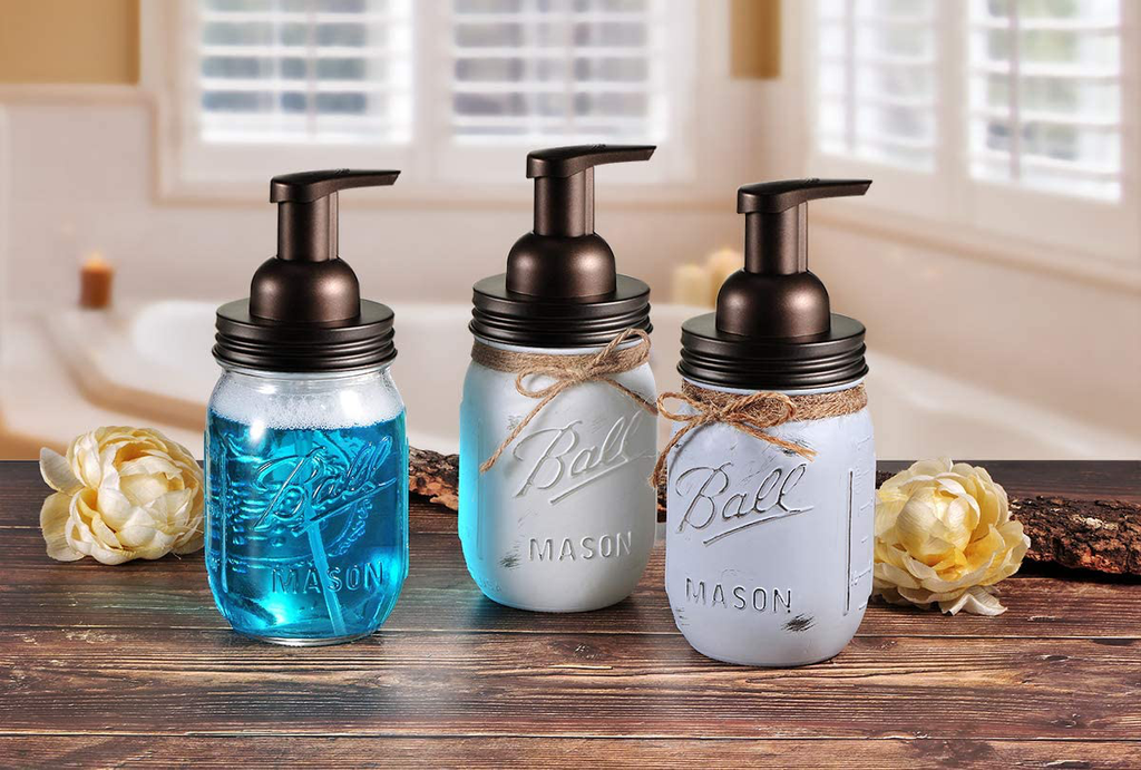 Andrew & Sarah Mason Jar Bathroom Accessories Set(4pcs)- Jars Not Included - Foaming Soap Dispenser ,Toothbrush Holder , and Apothecary Storage Jars Lids -Rustic Farmhouse Decor,Brown