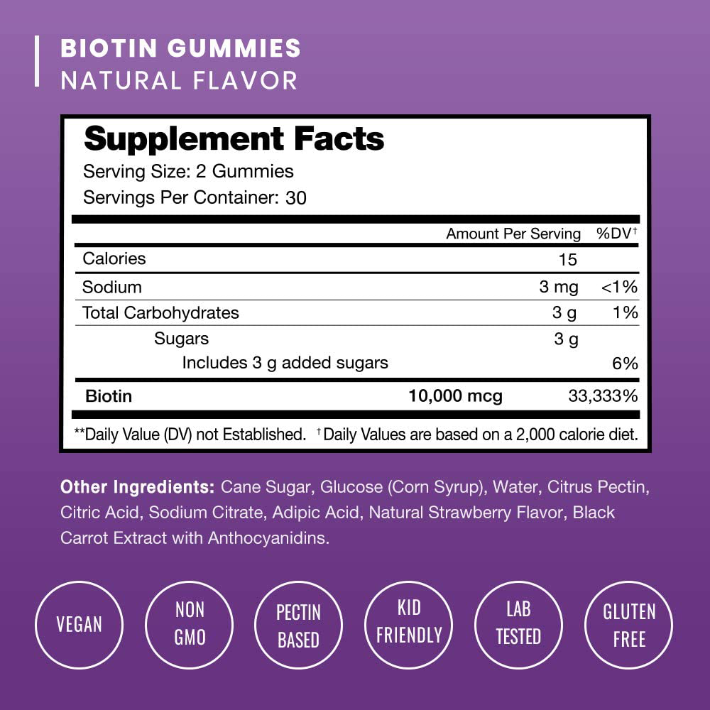 Biotin Gummies 10,000Mcg [Highest Potency] for Healthy Hair, Skin & Nails for Adults & Kids - 5000Mcg in Each Gummy Vitamin - Vegan, Non-Gmo, Pectin-Based Hair Growth Supplement