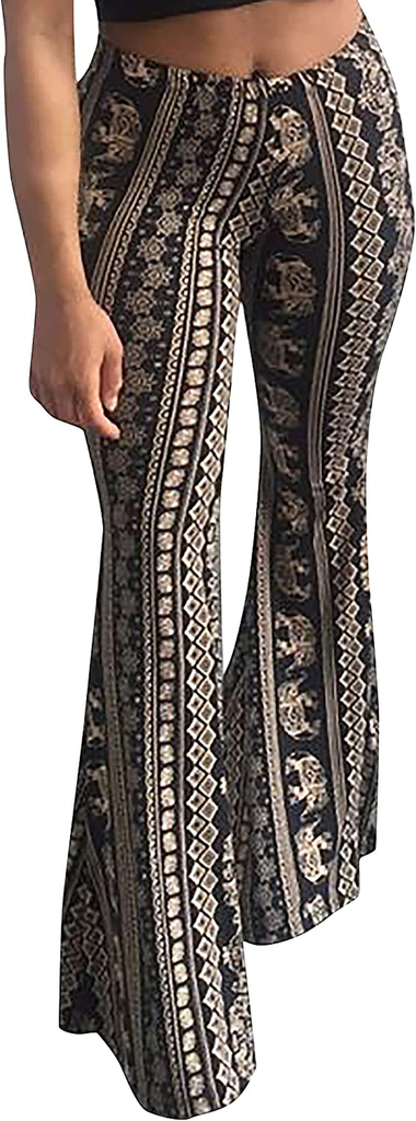 ONTBYB Wide Leg Pants for Women Boho Flare Pants Solid & Printed High Waist Palazzo Stretchy and Soft