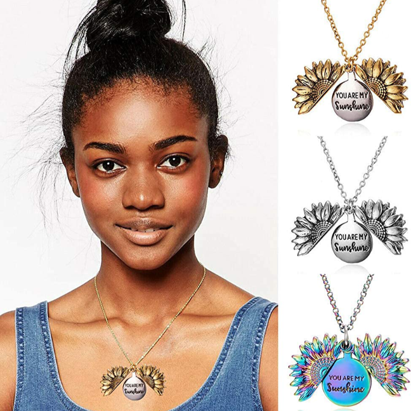 Women's Sunflower Pendant Locket Necklace 
