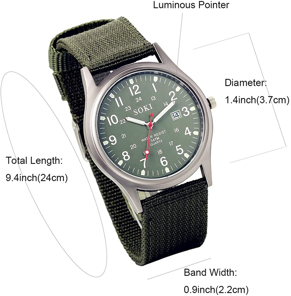 Lancardo Analog Quartz Watch with Woven Nylon Band Calendar Luminous Hand Military Time 24H (Army Green)