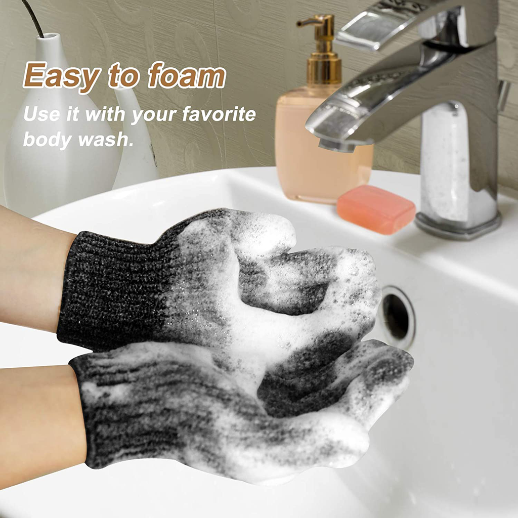 MIG4U Shower Exfoliating Scrub Gloves Medium to Heavy Bathing Gloves Body Wash Dead Skin Removal Deep Cleansing Sponge Loofah for Women and Men 5 Pairs 5 Colors