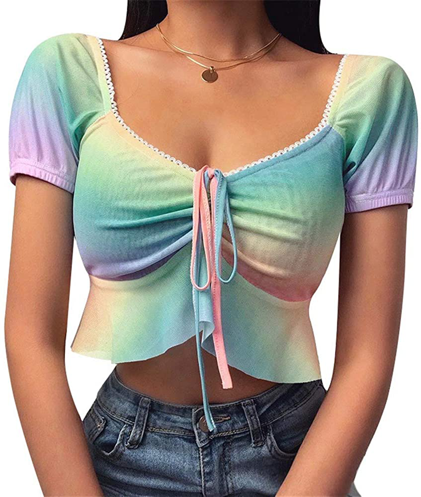 Afylingla Women's Butterfly Printed Short Sleeve V Neck T-Shirt Folds Slim Crop Top