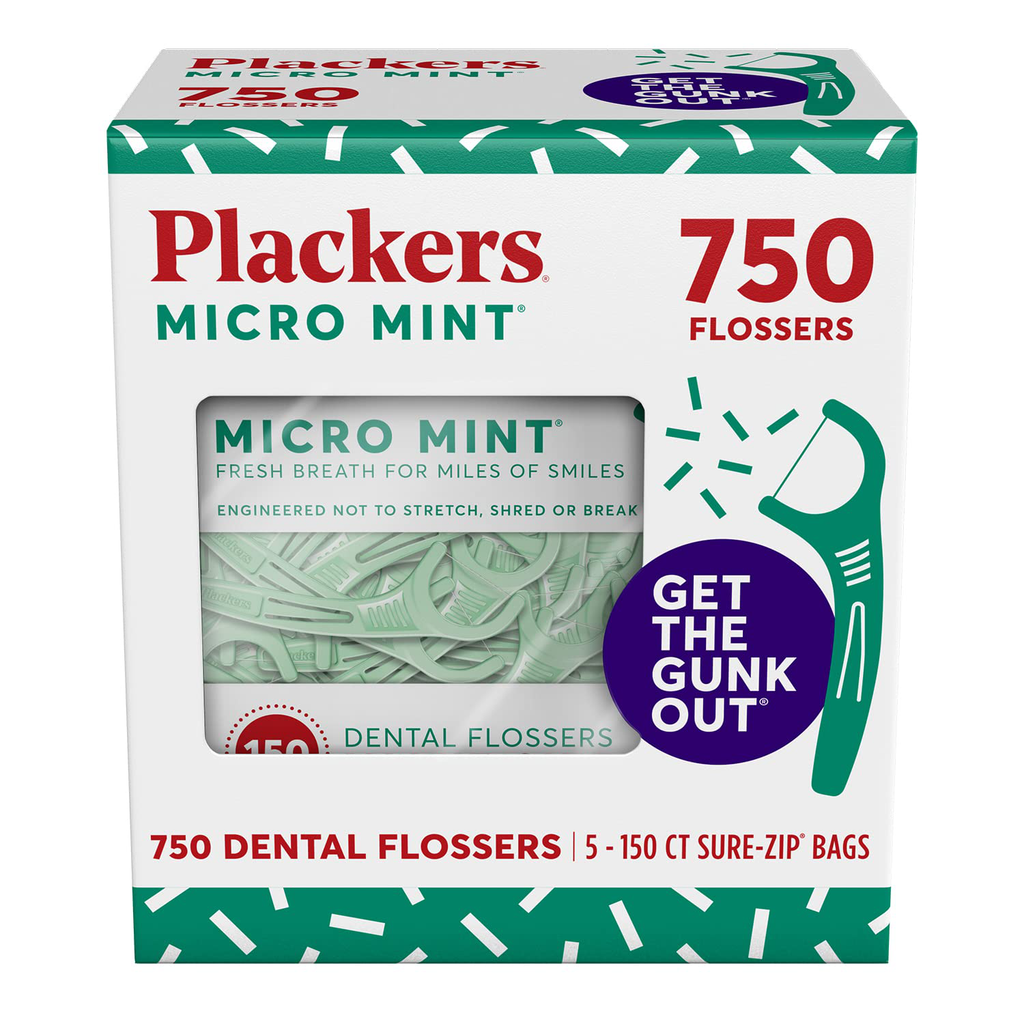 Plackers Micro Mint® Dental Floss Picks, Made with Super Tuffloss®, Protected Fold Away Pick, Easy to Use, Cool Mint, 750 Count, (Pack of 5)