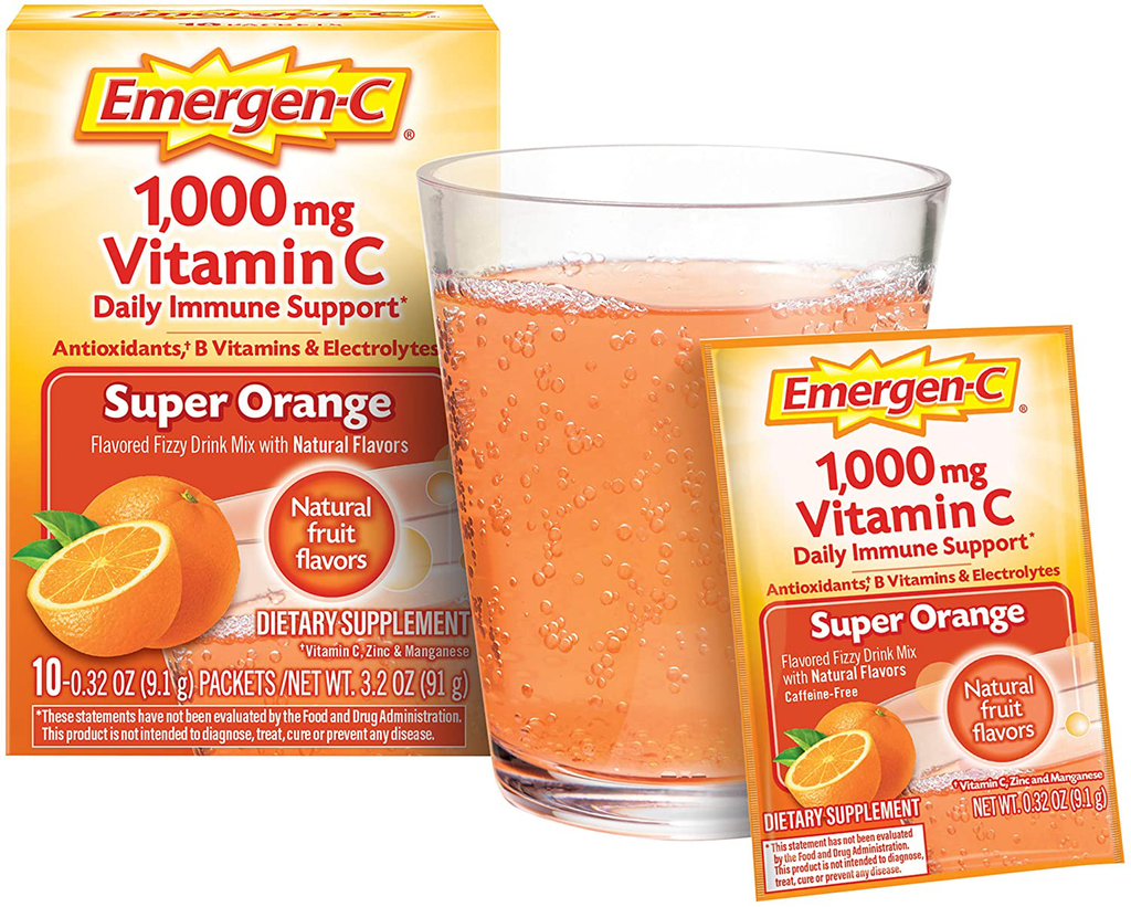 Emergen-C Vitamin C 1000mg Powder (10 Count, Super Orange Flavor), With Antioxidants, B Vitamins And Electrolytes, Dietary Supplement Fizzy Drink Mix, Caffeine Free