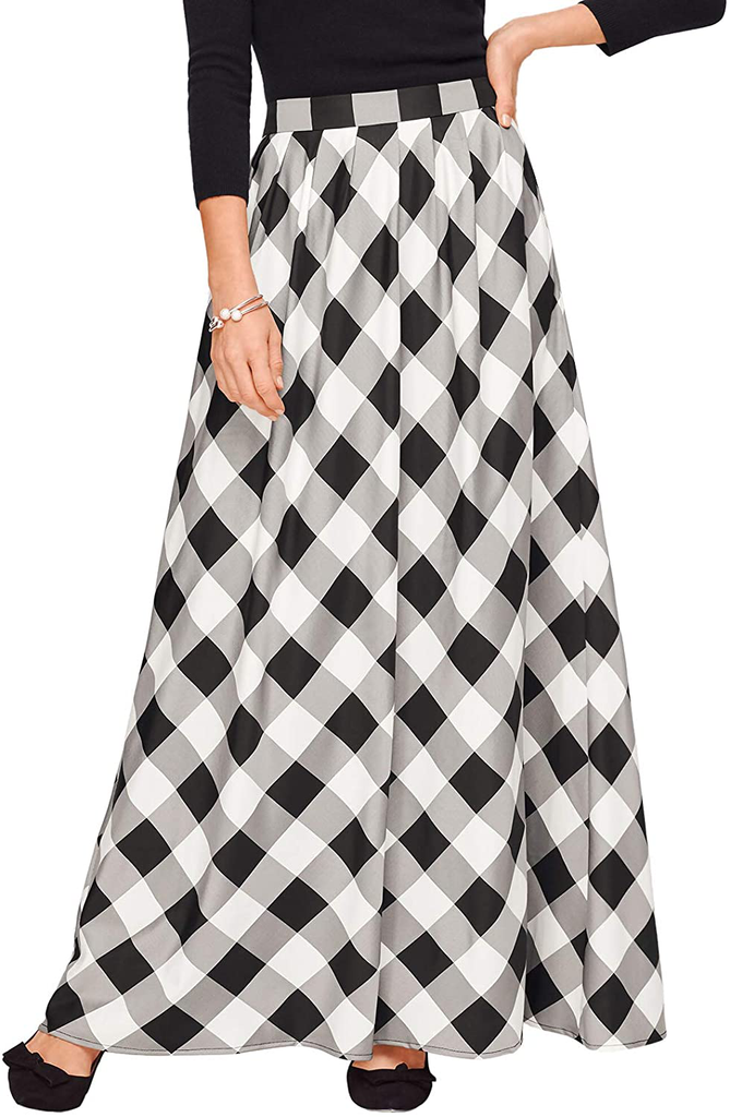 Zattcas Womens Buffalo Plaid High Elastic Waist Pleated Maxi Skirt with Pockets