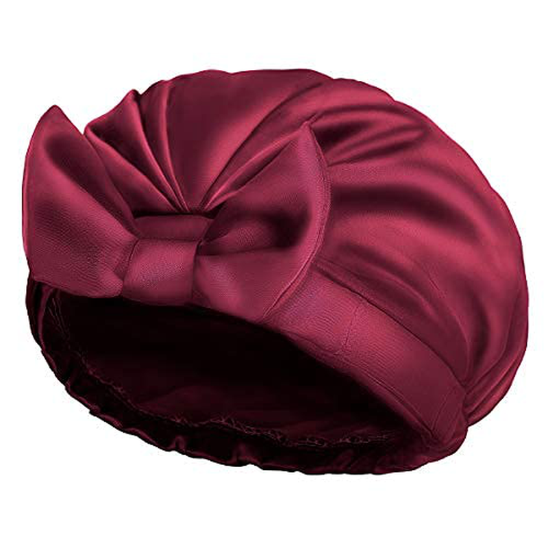 Auban Extra Large Shower Cap, Bowknot Double Layer Reusable Bath Hair Caps with Silky Satin for Women Beauty Bathing, Hair Spa, Home Hotel Travel Use (Red)