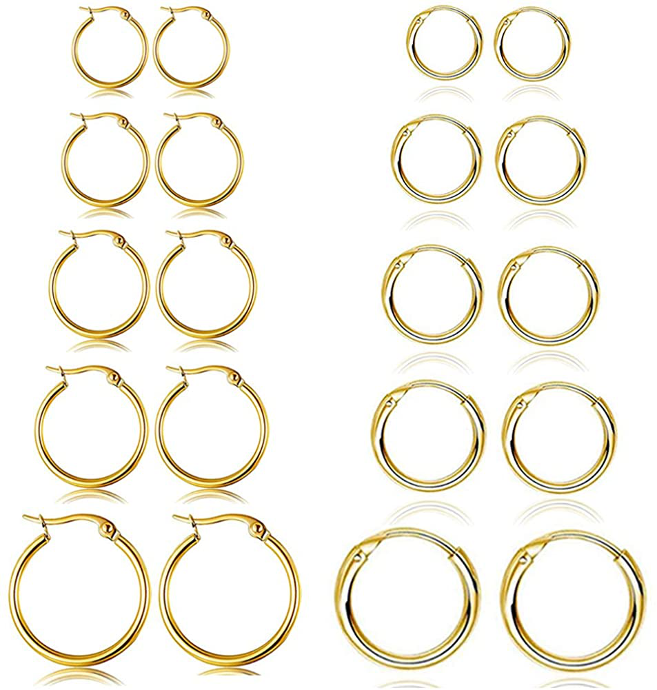 10 Pairs Silver Gold Hoop Earrings for Women Small Stainless Steel Hypoallergenic Earrings Set Girls Nickel Free,10MM-18MM