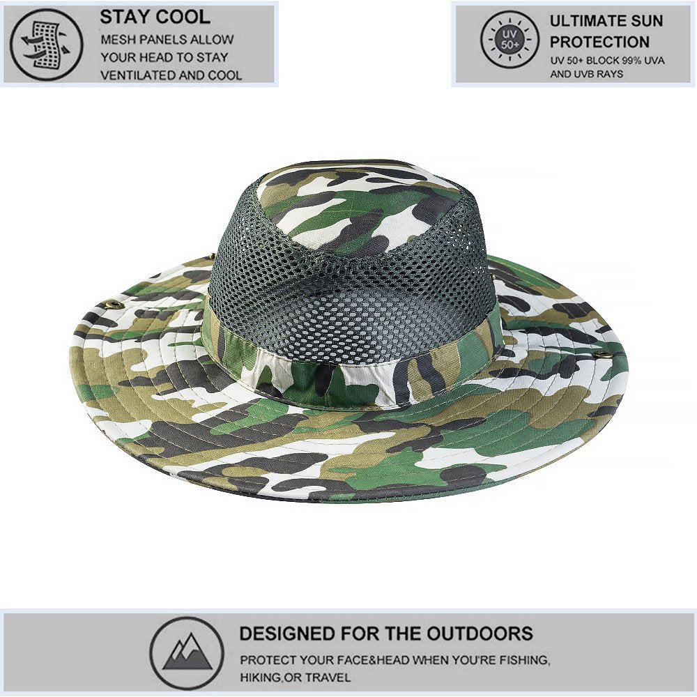 Silensys Breathable Wide Brim Outdoor Sun Hat, Suitable for Hiking, Camping, Fishing Men and Women'S Camouflage Summer Hat（Camo Mesh Green ）