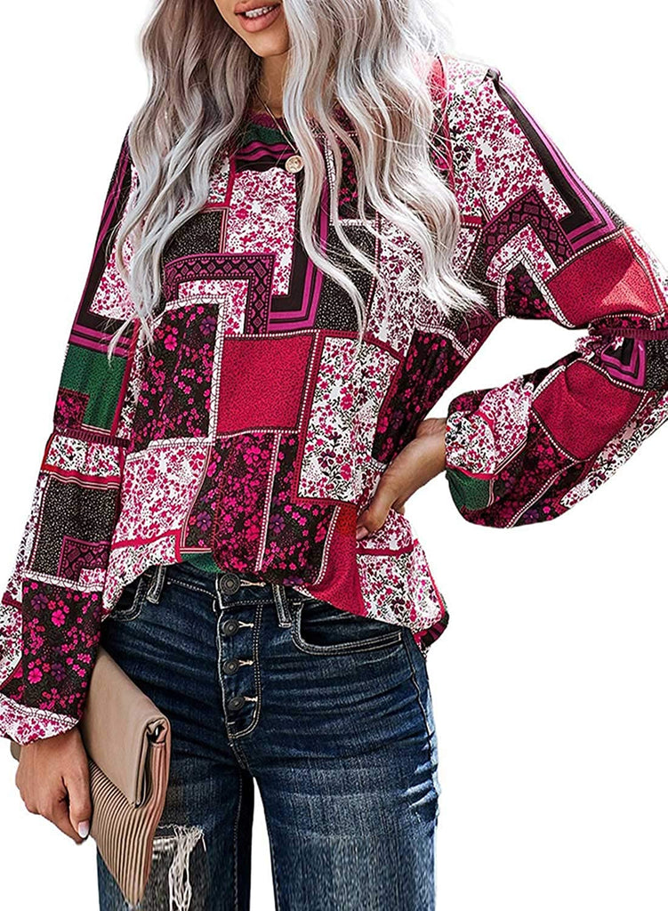 Women's Casual Boho Floral Printed round Neck Long Sleeve Shirt Loose Blouses Tops