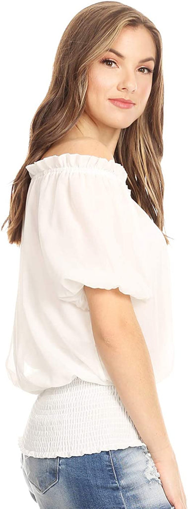 Women's Peasant Blouse off Shoulder Ruffle Shirts Boho Short Sleeve Smocked Top