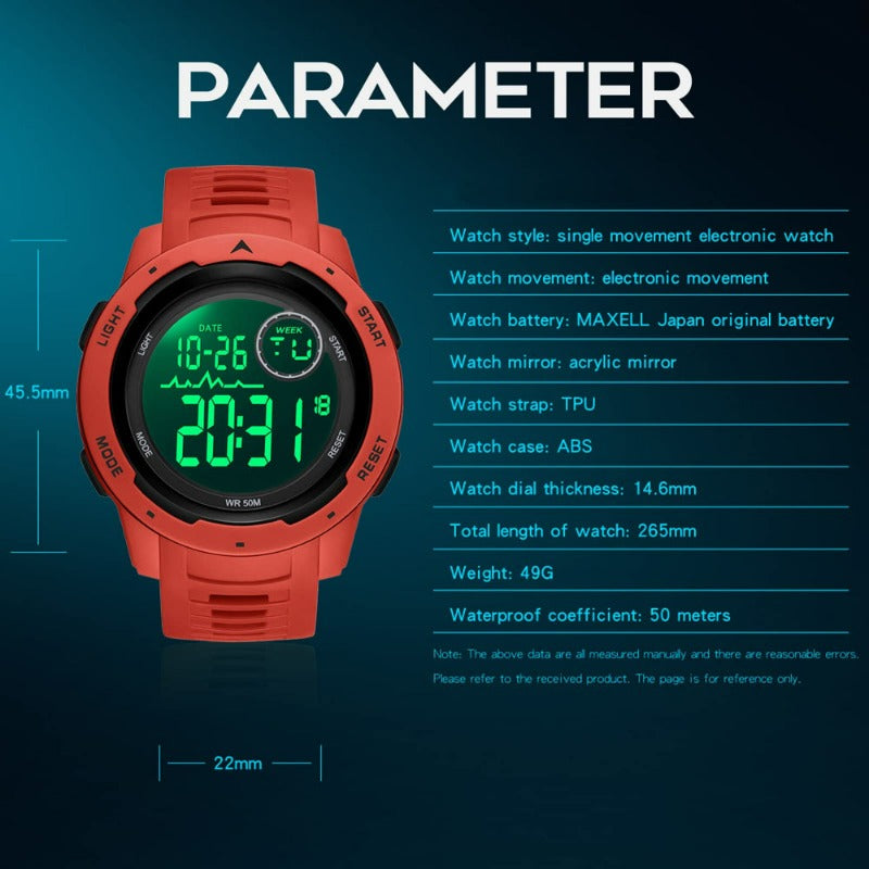 Men's Digital Watch 50M Waterproof Tactical Watch Backlight Stopwatch Alarm 12/24H Sport Outdoor 
