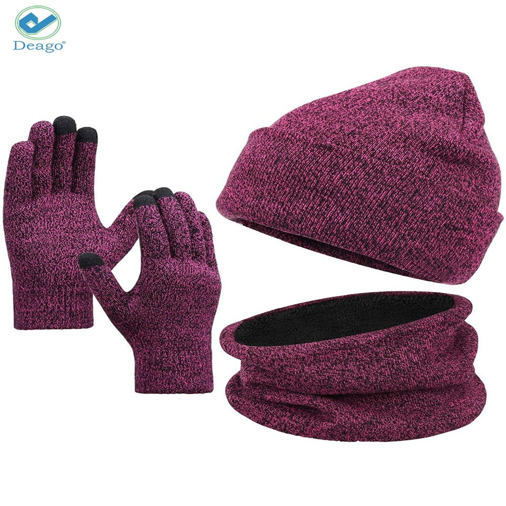 Winter Beanie Hat Scarf Touchscreen Gloves Set for Men and Women, Beanie Gloves Neck Warmer Set with Warm Knit Fleece Lined (Rose Red)
