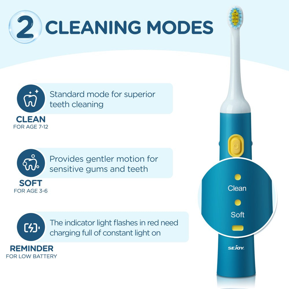Electric Toothbrush for Kids with Timer and 2 Brush Heads, Sonic Smart Rechargeable Toothbrushes
