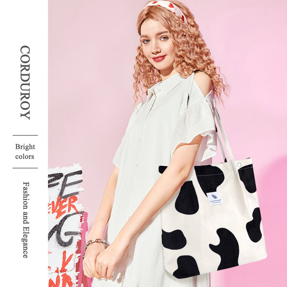 Corduroy Tote Bag Large for Women Girl Lady Canvas Shoulder Cord Purse and Handbags with Inner Pocket (Cow)