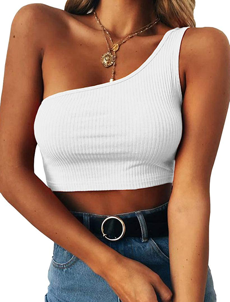 Minclouse Women's One Shoulder Sleeveless Crop Tops Summer Sexy Strappy Tank Tees