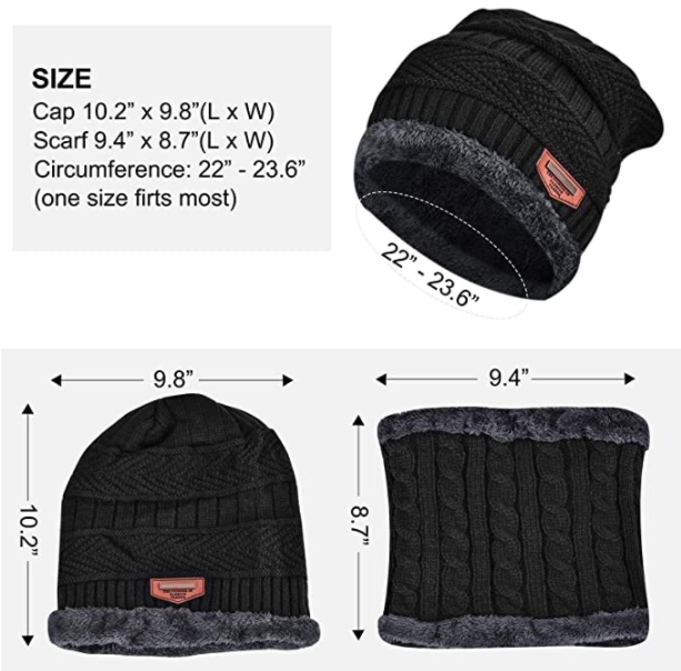 2 Piece Winter Beanie Hat & Scarf Set with Thick Lined Fleece