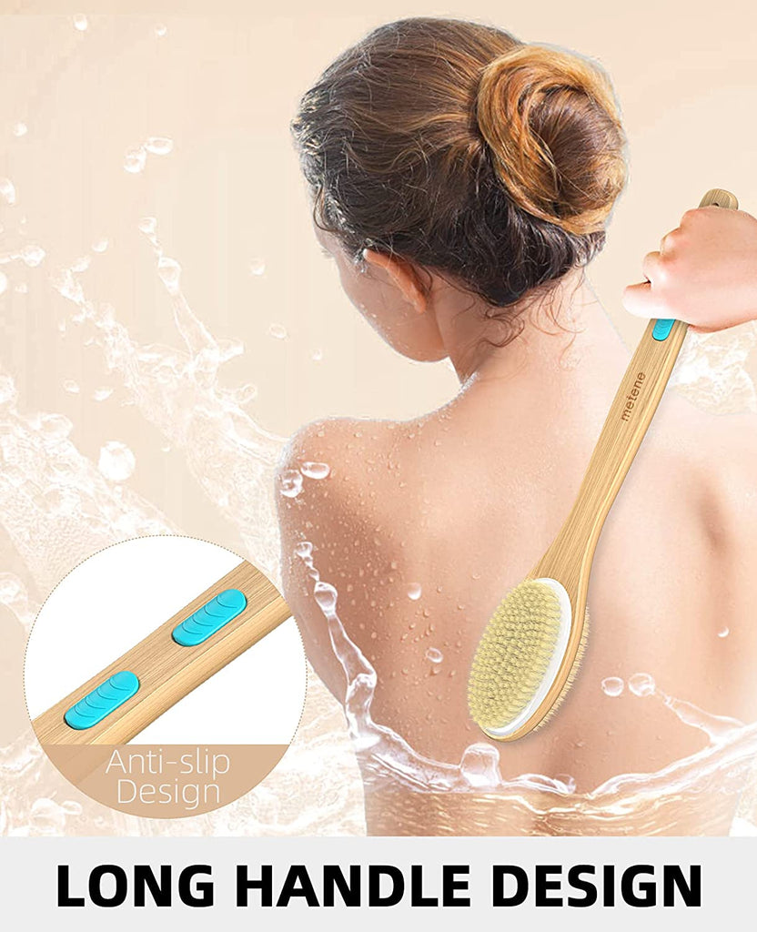 Shower Brush with Soft and Stiff Bristles, Bath Dual-Sided Long Handle Back Scrubber Body Exfoliator for Wet or Dry Brushing