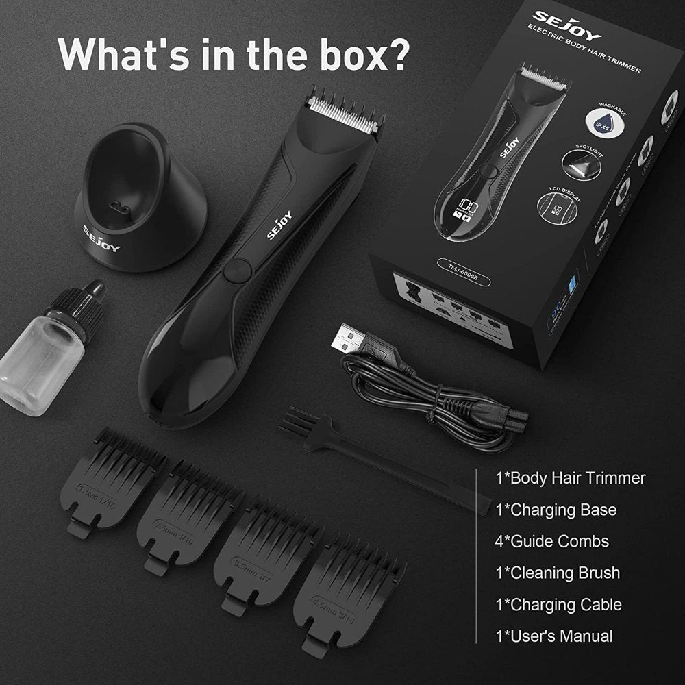 Electric Body Hair Trimmer for Men Women,Groin Hair Wet/Dry Use Ball Shaver,Washable Ceramic Blade Pubic Hair Trimmer Clipper Body Grooming Kit with LCD Display,Usb Recharge Dock & LED Light