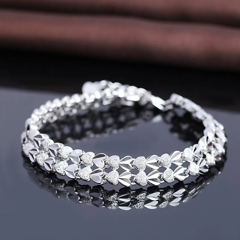 Sterling Silver Diamond Cut Two Row Heart Bracelet