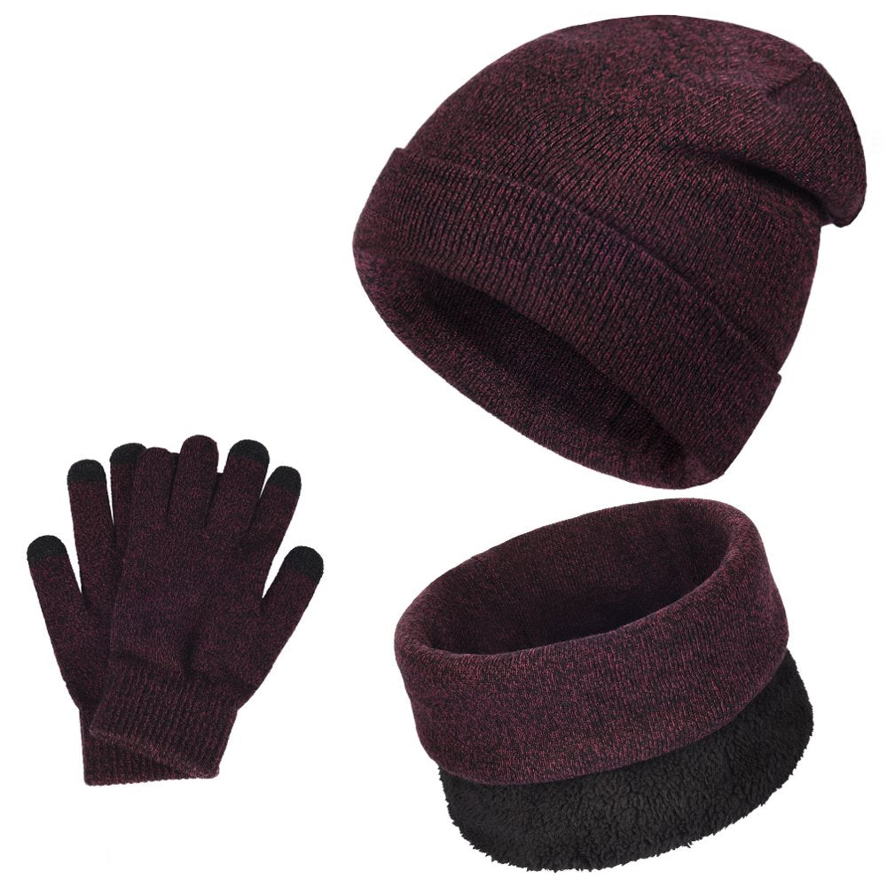 , 3 Pieces Universal Warm Knitted Hat Scarf Gloves Set, Beanie Hat Circle Scarf Touchscreen Gloves Set for Men Women, Wine Red