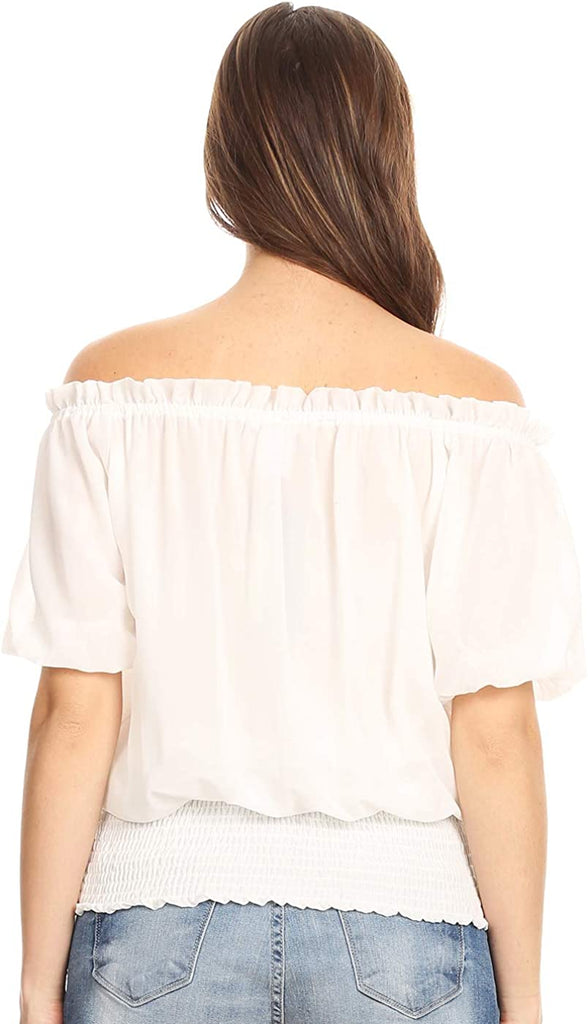 Women's Peasant Blouse off Shoulder Ruffle Shirts Boho Short Sleeve Smocked Top