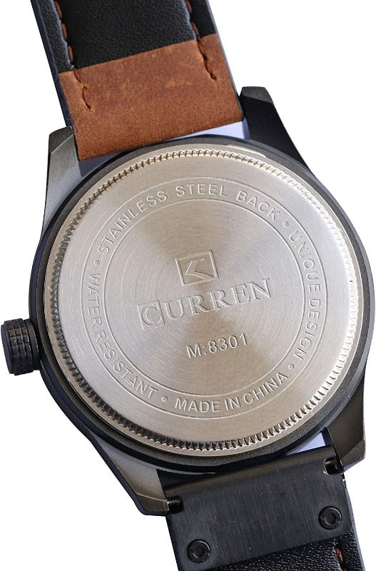 Men's Leather Strap Watch - Stainless Steel Waterproof Date Analog Quartz Watch