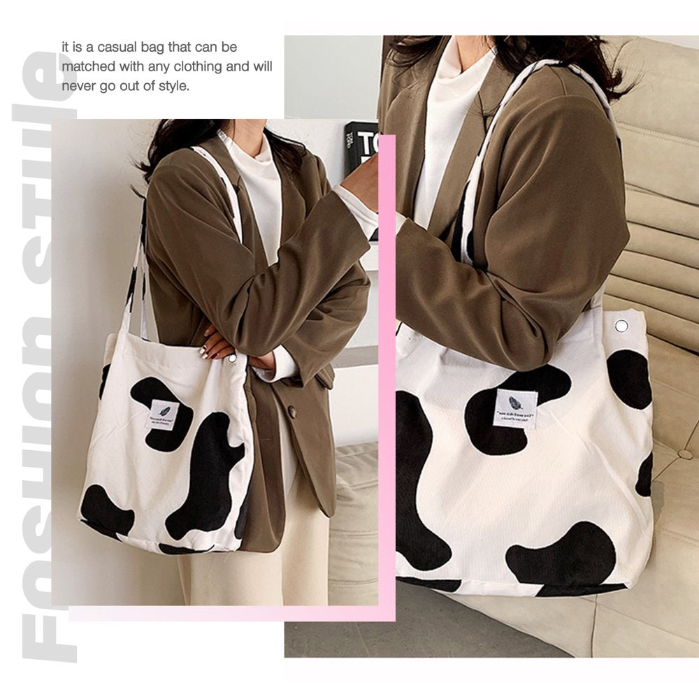 Corduroy Tote Bag Large for Women Girl Lady Canvas Shoulder Cord Purse and Handbags with Inner Pocket (Cow)