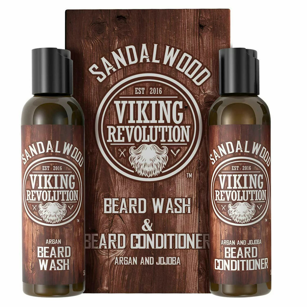 - Beard Wash & Beard Conditioner Set, Argan & Jojoba Oils - Natural Sandalwood Scent - Beard Shampoo & Beard Oil - 10 Oz