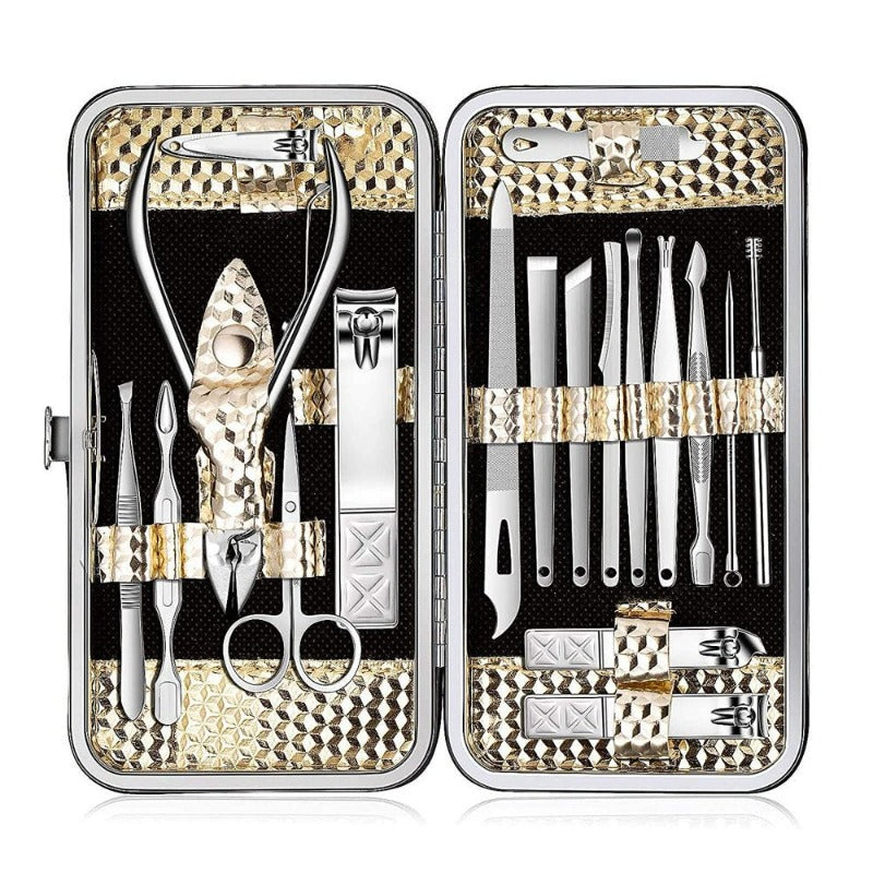19 in 1 Stainless Steel Nail Care Tools Grooming Set, Pedicure Care Tools, Perfect Gift for Women and Men (Gold)