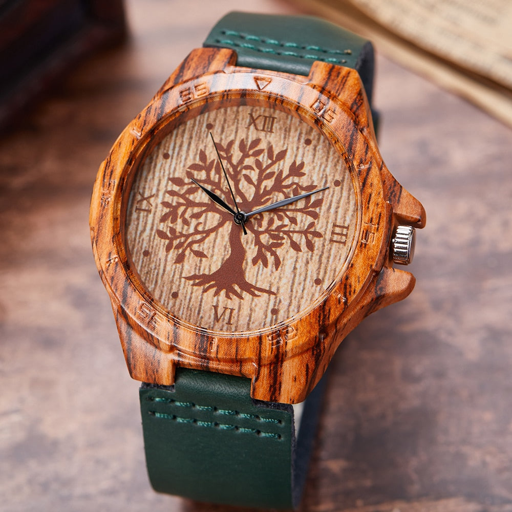 Men's Wood & Leather Quartz Wristwatch Green