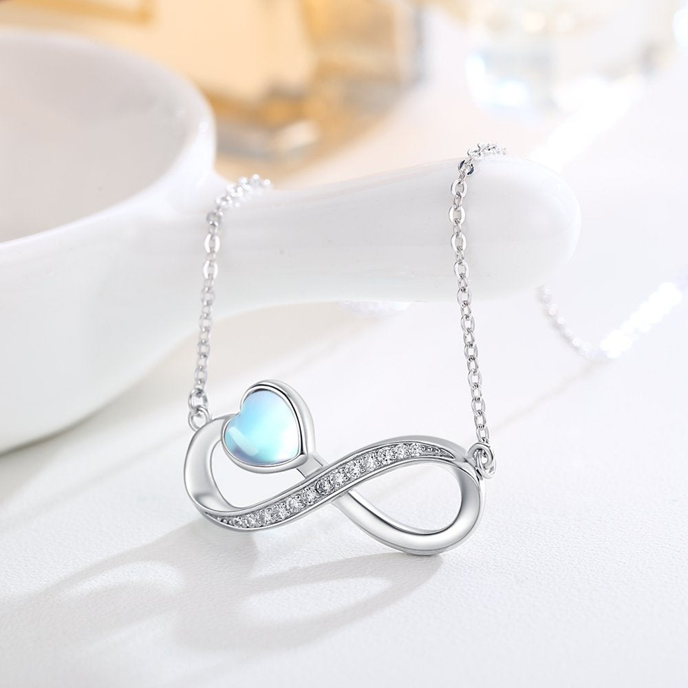 Infinite Symbol Love Necklace Sterling Silver Heart Moonstone Pendant Necklaces for Women Mom Wife Daughter Fashion Trendy Jewerly Birthday Xmas Valentines Day Gifts