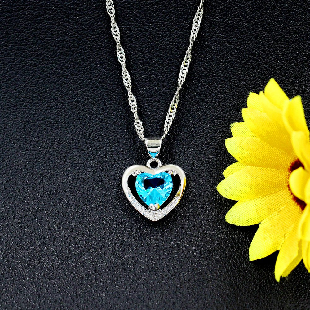 Platinum Plated Light Blue Cubic Zirconia Double Heart Pendant Necklace Valentines Jewelry Gifts for Women (Light Blue)