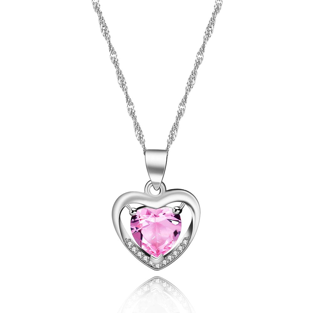 Womens Pink CZ Crystal Double Heart Pendant Necklace Wedding Valentines Jewelry Gifts for Daughter Girlfriend Best Friend (Pink)