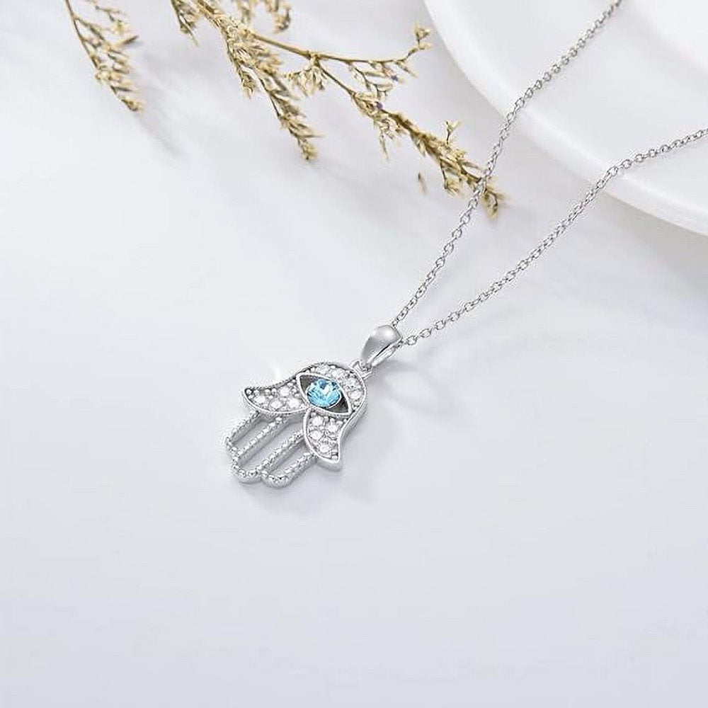 Hamsa Necklace 925 Sterling Silver Fatima Hand Necklace with Blue Crystal Evil Eye Anniversary Jewelry Necklace Gift for Women Girl Mother Gaughter