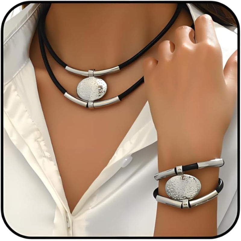 Boho Vintage Layered Necklace and Bracelet Set for Women with Pendant