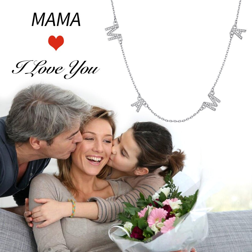 Mama Necklace 925 Sterling Silver Necklace Shiny Cubic Zirconia Letter Pendant Necklaces for Women Mom Mothers Day Gift - Silver
