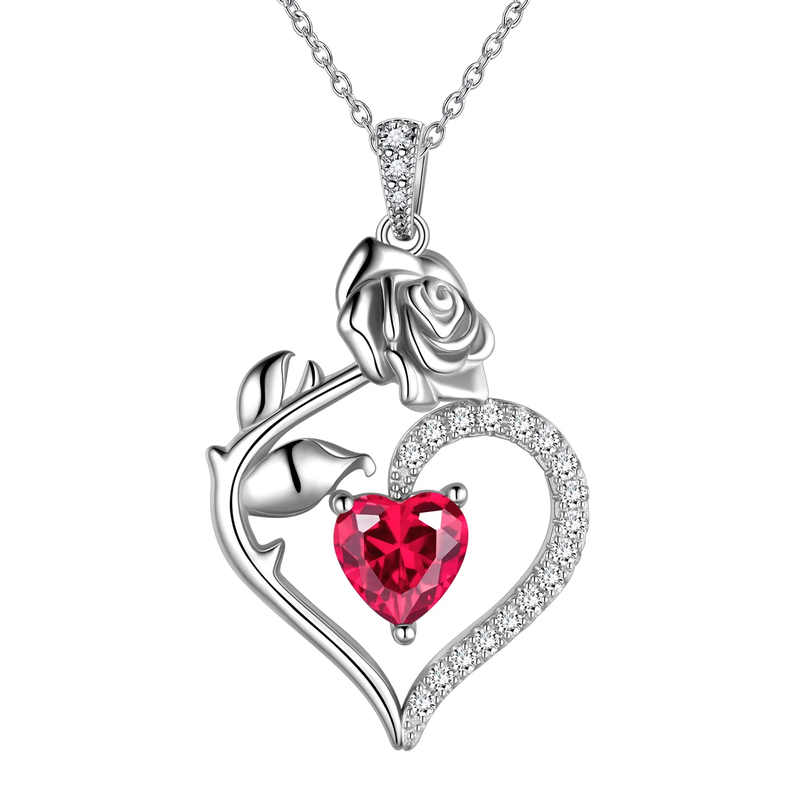 925 Sterling Silver Birthstone Necklace - Heart Rose Pendant