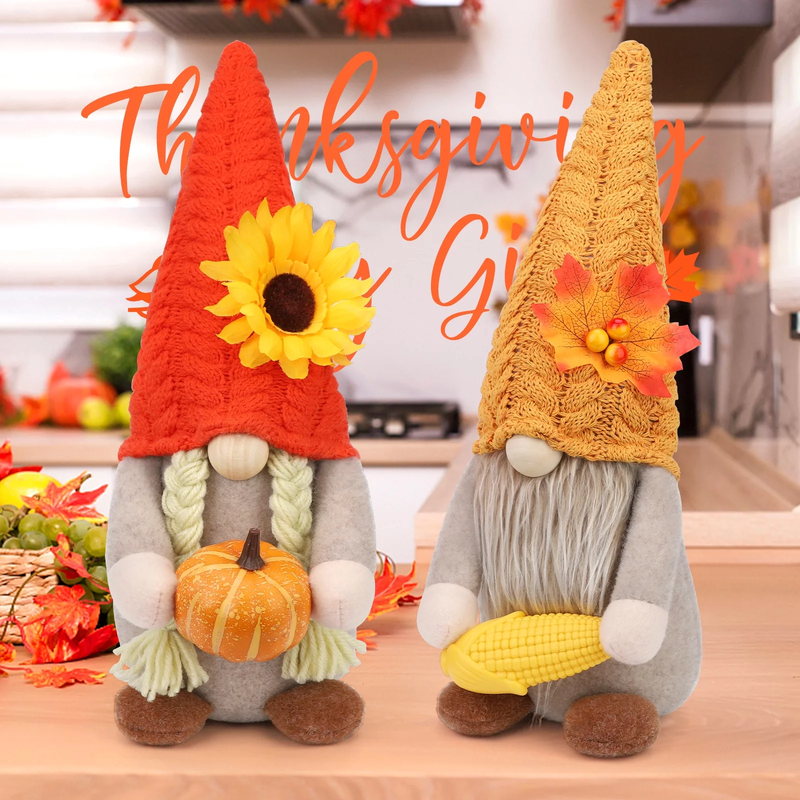 2 Pack Thanksgiving Gnomes  - Fall Decorations Gnomes Hold Pumpkin & Corn