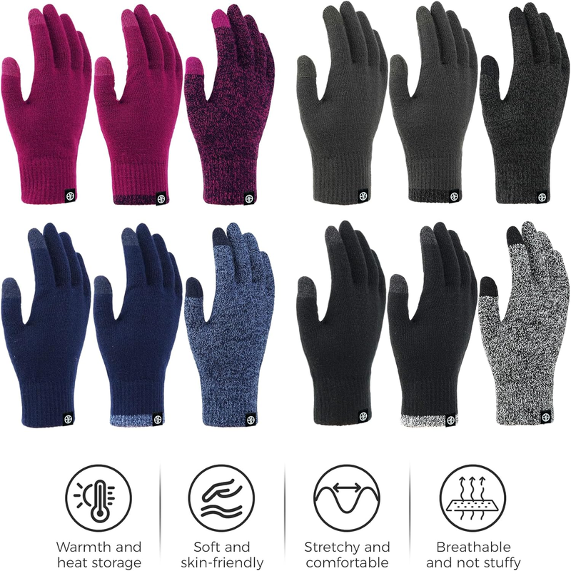 3 Pairs Winter Gloves - Touch Screen Elastic Knit Thermal Anti-Slip Gloves 