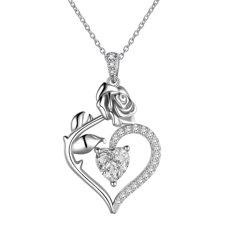 925 Sterling Silver Birthstone Necklace Rose Flower Heart Pendant